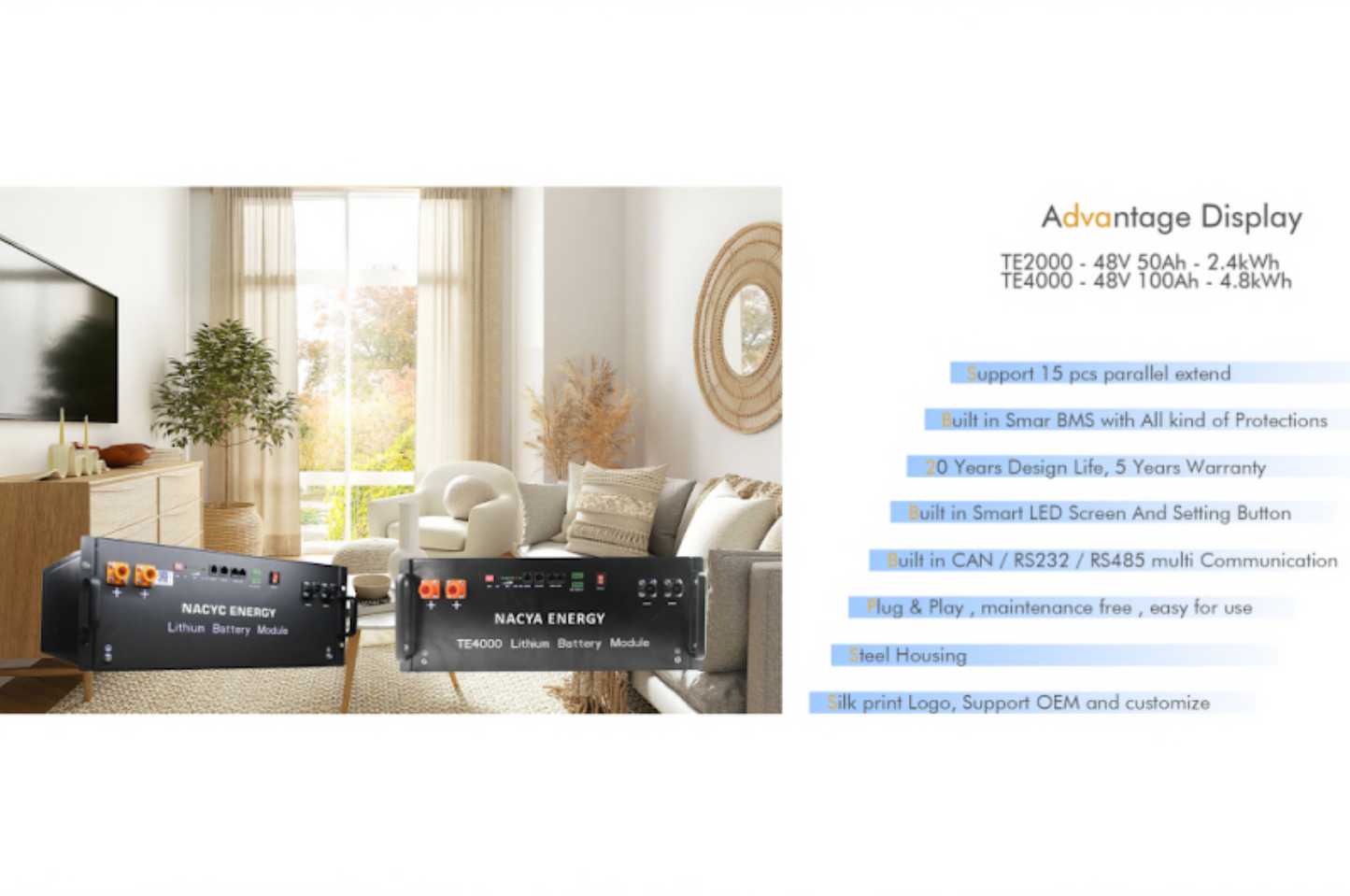 48V Lithium Ion Battery – Rack-mounted 100Ah, 48V, 4.8kWh